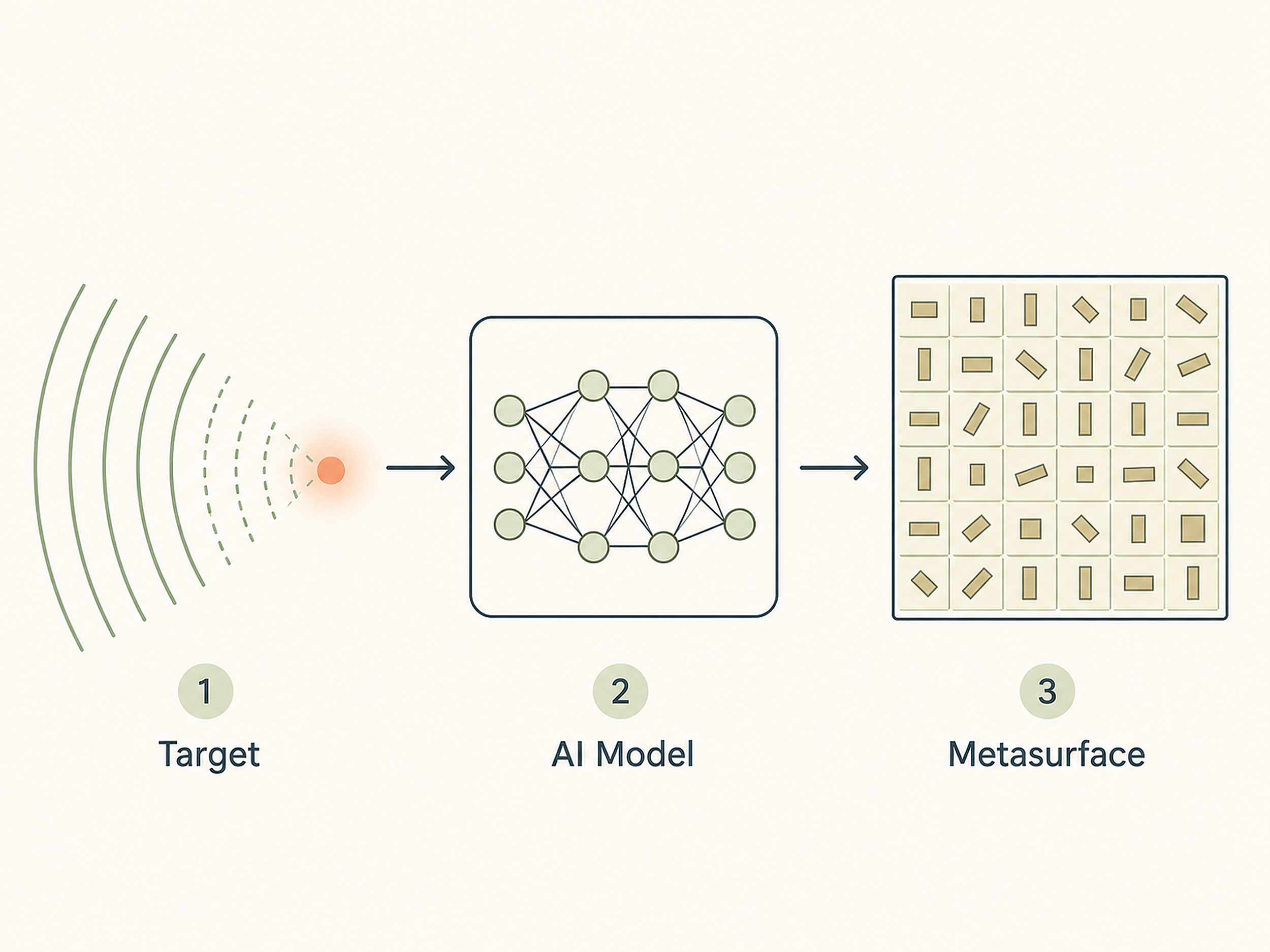 Diagram illustrating AI-driven metasurface design from desired optical responses.