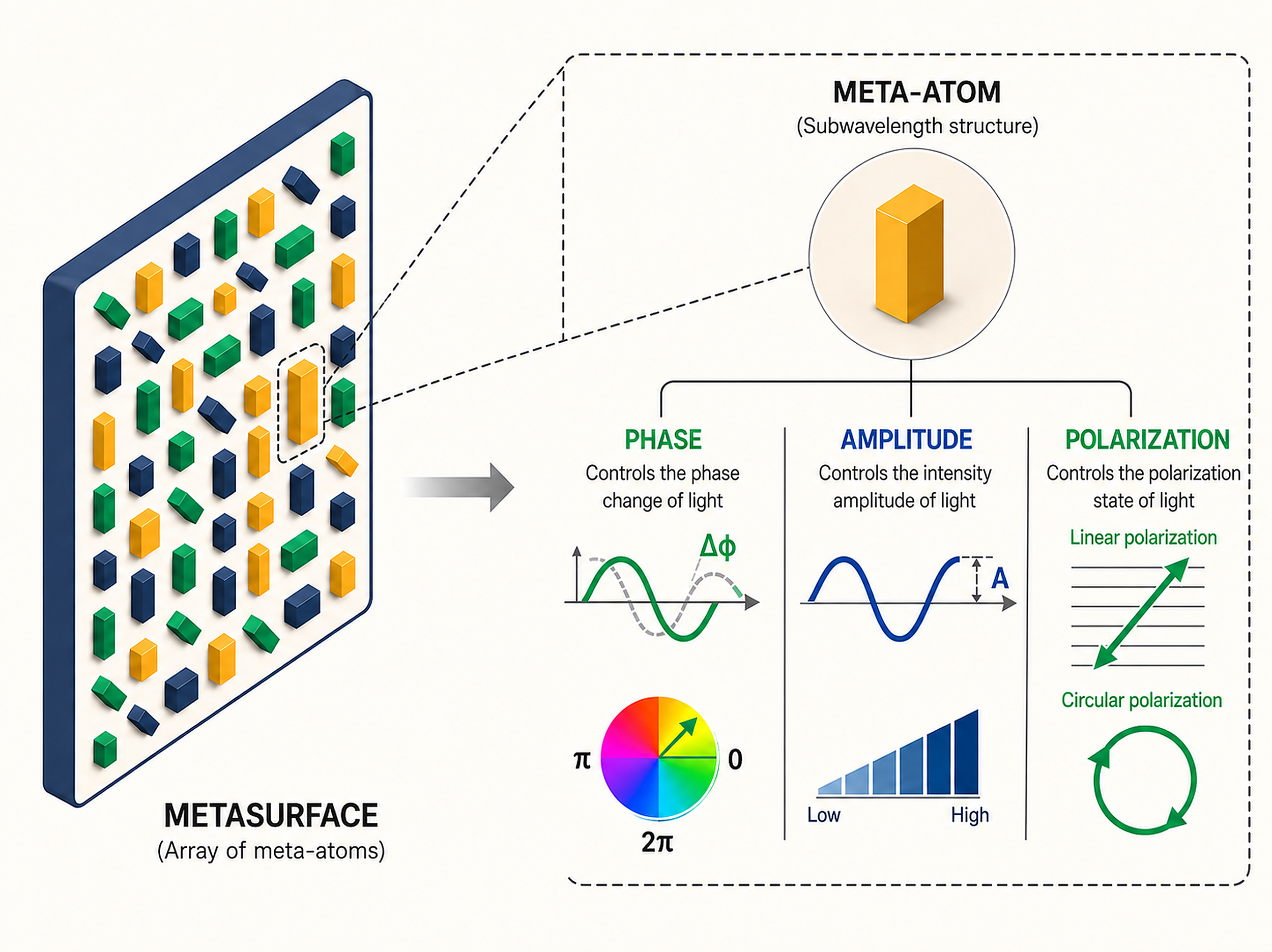 Diagram of a metasurface made of meta-atoms, illustrating control of light phase, amplitude, and polarization.